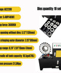 Rugged Electric Hydraulic Hose Crimping Machine With Ten Interchangeable Dies And Badass 3600 KN Crushing Force For No Sweat Rubber Tube Fixes On Any Workbench Today, displaying specifications and dies.