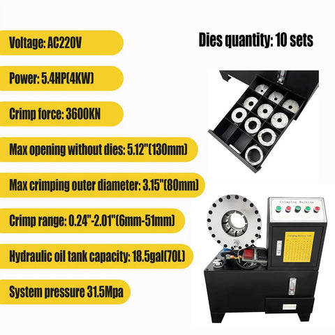 Rugged Electric Hydraulic Hose Crimping Machine With Ten Interchangeable Dies And Badass 3600 KN Crushing Force For No Sweat Rubber Tube Fixes On Any Workbench Today, displaying specifications and dies.