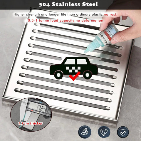 304 Stainless Steel Rock Solid Removable Square Trench Drain Cover With Frame for outdoor drainage use, 1.7 cm thick.