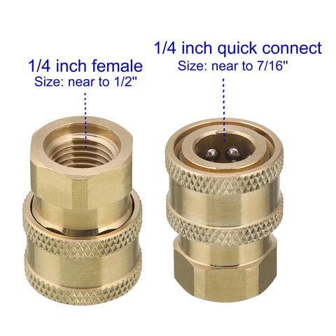 Two-pack brass pressure washer couplers with 1/4-inch quick-connect to female NPT fittings, 5000 PSI.