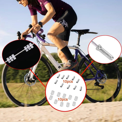 Bicyclist riding with Ten Piece Go To Bicycle Brake And Derailleur Cable Kit For Road And Mountain Bikes, shown in detail.
