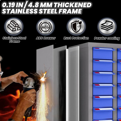 Garage-Grade 75-Drawer Nut and Bolt Organizer Cabinet with ABS Drawers, 36 Inch High, 26 Inch Deep, 9 Inch Wide Hardware Storage, Adjustable Shelves and Label System for Workshop, Lab, and Home Garage Tool Storage, stainless steel frame test