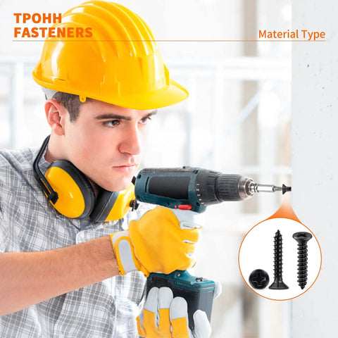 Worker using drill with One Hundred Pack Of Number Six By Five Eighth Inch Stainless Steel Wood Screws Premium Grade Black Oxide Coating.