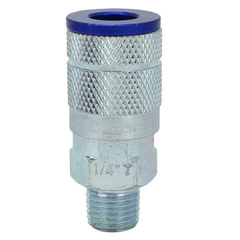 Close-up of a Blue T-Style Pneumatic Couplers One Quarter Inch NPT Male with metallic finish, featuring a color-coded blue ring.