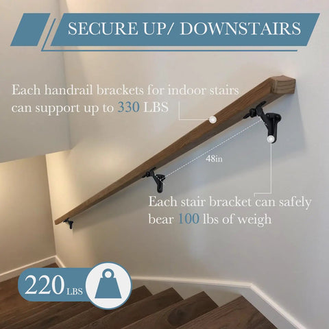 Heavy Duty Adjustable Handrail Brackets For Stairs Zinc Alloy Construction Matte Black Finish Indoor Outdoor Railing Support mounted on wooden rail with 330 lbs capacity.