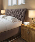 Gold Table Lamp For Desk And Nightstand Modern Style Desk Light With Hollow Base And Linen Fabric Shade on bedside table