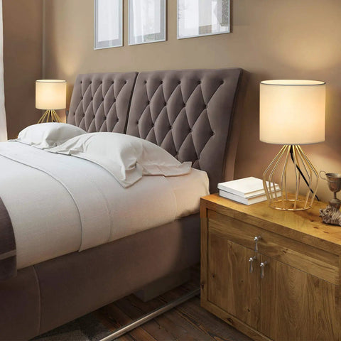 Gold Table Lamp For Desk And Nightstand Modern Style Desk Light With Hollow Base And Linen Fabric Shade on bedside table