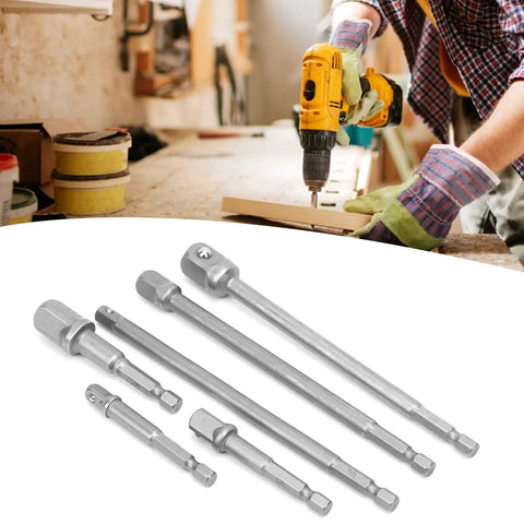 Drive Extension Bar Set For Electric Ratchet Wrench, Six Piece Vanadium Steel Extension Bars, displayed with drill in workshop