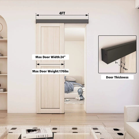 Low Clearance 4 Ft Barn Door Hardware Kit With Aluminum Box Rail Track Heavy Duty Sliding Door System For Interior Single Wooden Doors Rustproof And Wear Resistant Works Up To 24 Inch Wide Doors Ultra Sturdy And Quiet Operation installed in living room with wooden door
