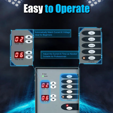 Control panel of Jewelry Spot Welder Machine 110V 60Hz Pulse Argon Arc for gold and hardware repair, showing settings and modes.