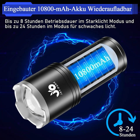 Ultra Bright LED Flashlight With 100000 Lumens Rechargeable 10800mAh Battery Zoomable Focus For Wide Flood And Long Range Beam