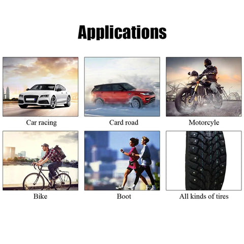 Applications of 100 Piece 9 Mm Tire Stud Screws And Tough Tungsten Steel Snow Tire Spikes for various vehicles.