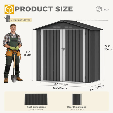 Image of 6x4 Ft Metal Outdoor Shed With Lockable Doors, Oversized Steel Tool Storage for backyard or patio, dark gray, product dimensions shown.