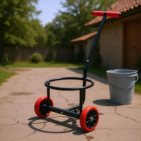 Manual Transport Cart for Buckets and Loads, Two Wheel Hand Truck With Circular Angled Handle, Foam Cushioned Grips, Easy Rolling Carrier for Home, Patio, Garage, and Light Outdoor Use, Black Carbon Steel with gray bucket