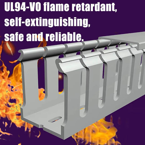 Grey PVC Wire Concealer Raceway Kit With Reverse Snap Cover showing flame resistance feature with background flames