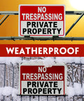 Private Property No Trespassing Signs 10x7 Inch 40 Mil Aluminum Reflective UV Printed Weatherproof Easy To Mount High Visibility Security Sign For Home And Business 2 Pack shown in summer and winter weather