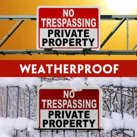 Private Property No Trespassing Signs 10x7 Inch 40 Mil Aluminum Reflective UV Printed Weatherproof Easy To Mount High Visibility Security Sign For Home And Business 2 Pack shown in summer and winter weather