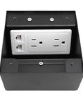 Heavy Duty Recessed Floor Outlet Kit With Bulletproof Stainless Steel Safety Cover And Tamper Resistant Doors For No Sweat Setup Plus Two Standard Power Outlets And Dual Ethernet Data Ports For Job Site Or Living Room, showing AC sockets and data jacks.