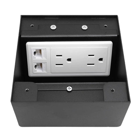 Heavy Duty Recessed Floor Outlet Kit With Bulletproof Stainless Steel Safety Cover And Tamper Resistant Doors For No Sweat Setup Plus Two Standard Power Outlets And Dual Ethernet Data Ports For Job Site Or Living Room, showing AC sockets and data jacks.