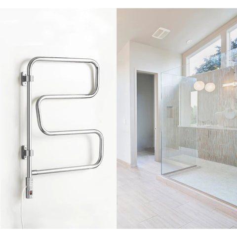 4 Bar Polished Chrome Wall Mounted Towel Warmer With Swivel Bars Plug In Electric Towel Rack For Bathroom Space Saving Keeps Towels Toasty Warm And Dry After Showers in a modern bathroom