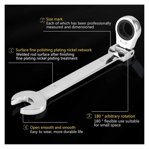 Single chrome spanner from Ratchet Spanner Set 12 Piece Car Repair Tool Kit With Easy Grip Wrenches, showing 180° rotation and smooth surface.
