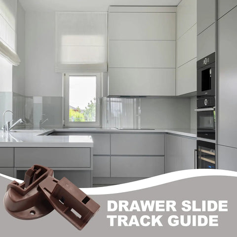 Plastic Center Mount Drawer Track Guides Replacement Kit With Screws, shown in a modern kitchen setting.