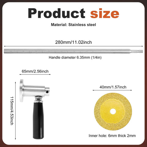 Inside PVC Pipe Cutter Kit For 1-1/2 Inch To 8 Inch Pipes 7 Inch Cutter With Adjustable Cutting Depth Stainless Steel Inside Cutter Diamond Grit Wheel 1/4 Inch Hex Shank dimensions