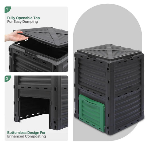 80 Gallon Outdoor Compost Bin Tumbler For Garden Patio And Yard, shown with open top and bottomless design, made of BPA-free polypropylene.