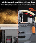 Multifunctional Dust-Free Table Saw showcasing 98% vacuum efficiency for clean cutting and woodworking accuracy.
