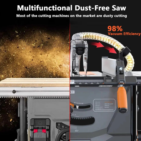 Multifunctional Dust-Free Table Saw showcasing 98% vacuum efficiency for clean cutting and woodworking accuracy.