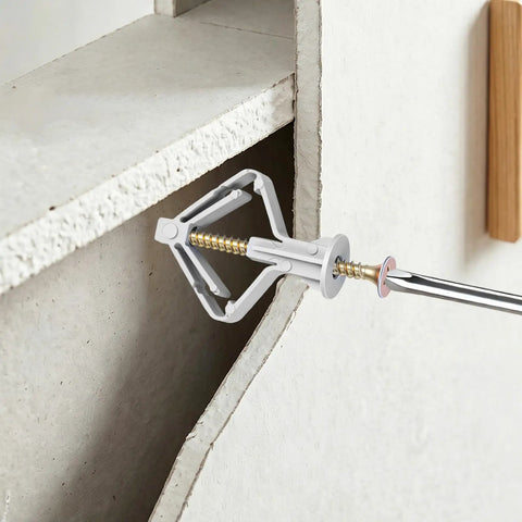 Illustration of Heavy Duty Drywall Anchor Kit With 30 Self Tapping Screws for Hollow Walls, showing butterfly expansion in gypsum board.