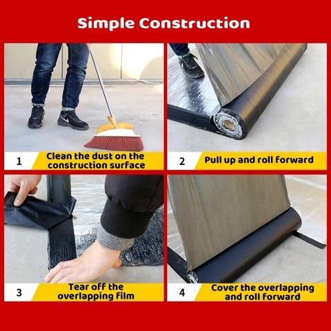 Instructions for using Pro Grade Asphalt Roof Repair Tape For Shingle Leak Fix And Gutter Patch, showing dust cleaning and application steps.