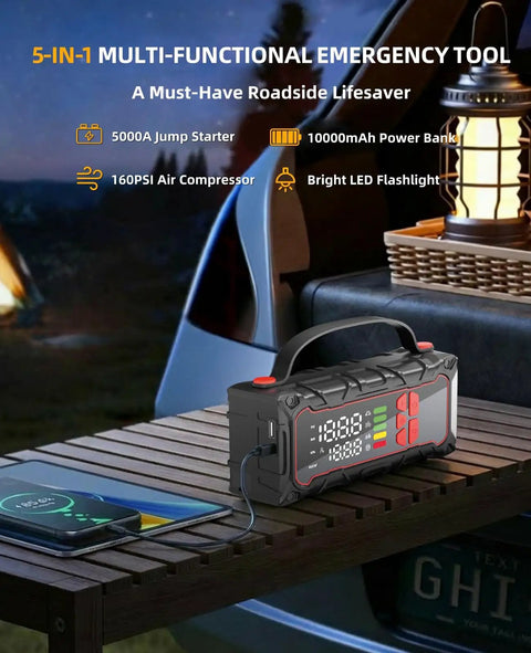 Beast Mode Jump Starter With Built In Air Compressor 160 PSI Car Battery Charger For 7.0L Gas Or 6.0L Diesel on table
