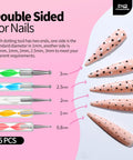 All-In-One Nail Art Kit With 5 Dotting Tools shown with size measurements and nail designs on pink background.