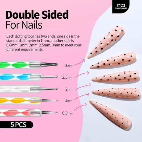 All-In-One Nail Art Kit With 5 Dotting Tools shown with size measurements and nail designs on pink background.