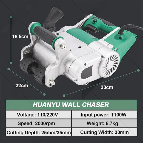 Electric Wall Groove Cutter 1100W with adjustable depth and dimensions overlay, shown on a dark background.