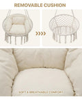 Hanging Hammock Chair Macrame Swing Chair with removable cushion for adults, beige boho handcrafted comfortable relaxing lounging.