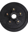 Genuine Heavy Duty 10 Inch Trailer Brake Hub Drum With 5 Bolts And 5 On 4.5 Inch Pattern For 3500 Lbs Trailers showing black hub drum top view.