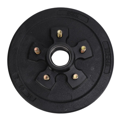 Genuine Heavy Duty 10 Inch Trailer Brake Hub Drum With 5 Bolts And 5 On 4.5 Inch Pattern For 3500 Lbs Trailers showing black hub drum top view.