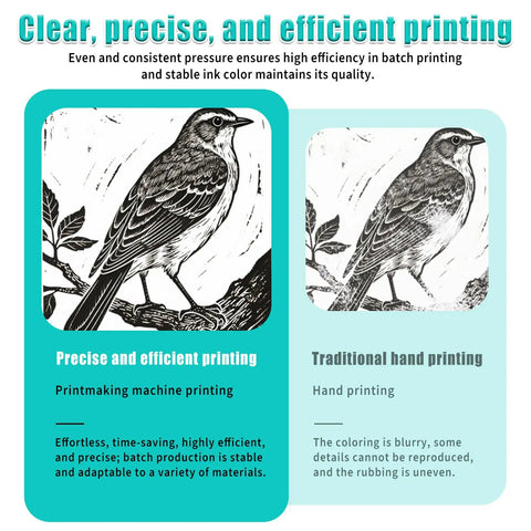 Comparison of precise print from Desktop Intaglio Relief Printmaking Press With Manual Roller And Hand Crank vs traditional hand print