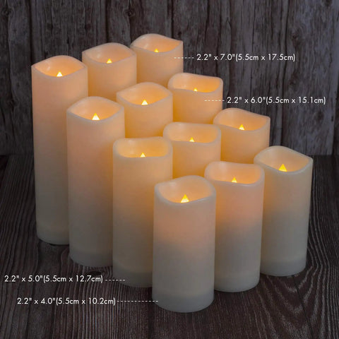 12 Pack Waterproof Flameless LED Pillar Candles 2.2 Inch Slim Plastic Battery Powered Candles arranged on wooden surface