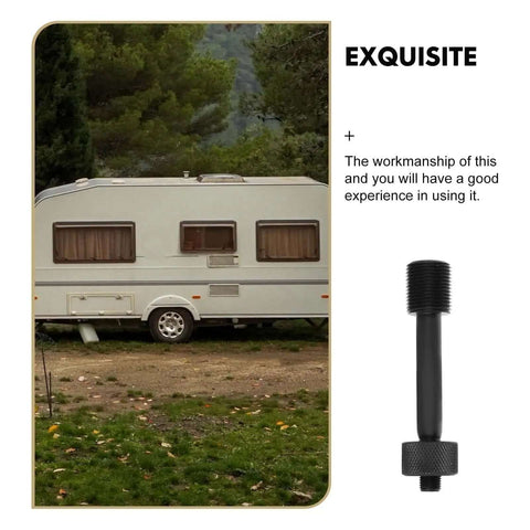 Camper trailer parked on grass with Pro Grade Hydraulic Tie Rod Lock Cap And Punch Driver tool displayed on the side