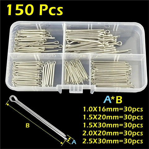 Stainless Steel Cotter Pin Kit 3 Set Split Pins U Fixings Assorted Sizes M1.5 M2 M3 M4 M5 For Quick Grab And Go Nut And Bolt Locking In Home Auto And Workshop Projects shown in clear box with 150 pieces.