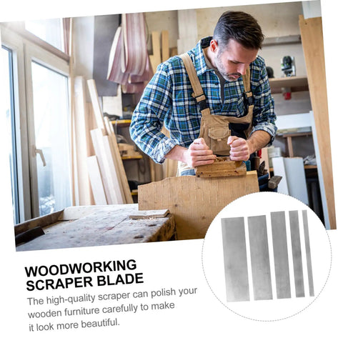 Heavy Duty Five Piece Woodworking Scraper Set Job Site Ready Smooth Cabinet Polisher For Wood Surface Prep Easy Glide Blades in use.