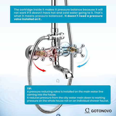 Close-up of polished chrome exposed faucet with double cross handles and hose, part of Eight Inch Rainfall Showerhead With Exposed Faucet Set 3 Function Shower System With Easy Install Tub Spout And Double Cross Handles Polished Chrome Finish Solid Brass Construction Rust Resistant Built To Last