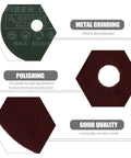 Close-up of 50Pcs Metal Grinding Disc Set showing round red alumina abrasive sheets for aluminum and wood, polishing instructions visible