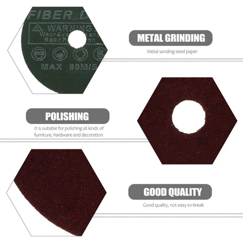 Close-up of 50Pcs Metal Grinding Disc Set showing round red alumina abrasive sheets for aluminum and wood, polishing instructions visible