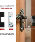 Silicone Pad installation kit for door latch with front and back view, demonstrating gap-filling use on strike plate.