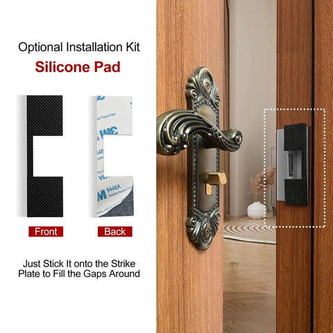 Silicone Pad installation kit for door latch with front and back view, demonstrating gap-filling use on strike plate.