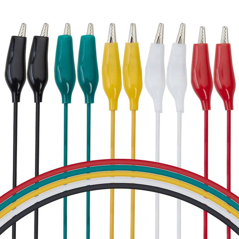 Pro Grade Test Lead And Alligator Clip Set With 20.5 Inch 22 AWG Wires, Five Color Colorway Green White Black Yellow Red, Nickel Plated Clips With PVC Insulators And Heavy Duty Springs, 2 Pack color-coded alligator clip leads